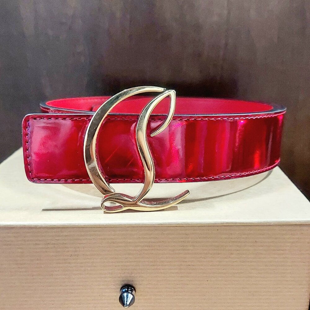 Christian Louboutin CL Logo Patent Psychic Metallic Red Belt Size 65/26